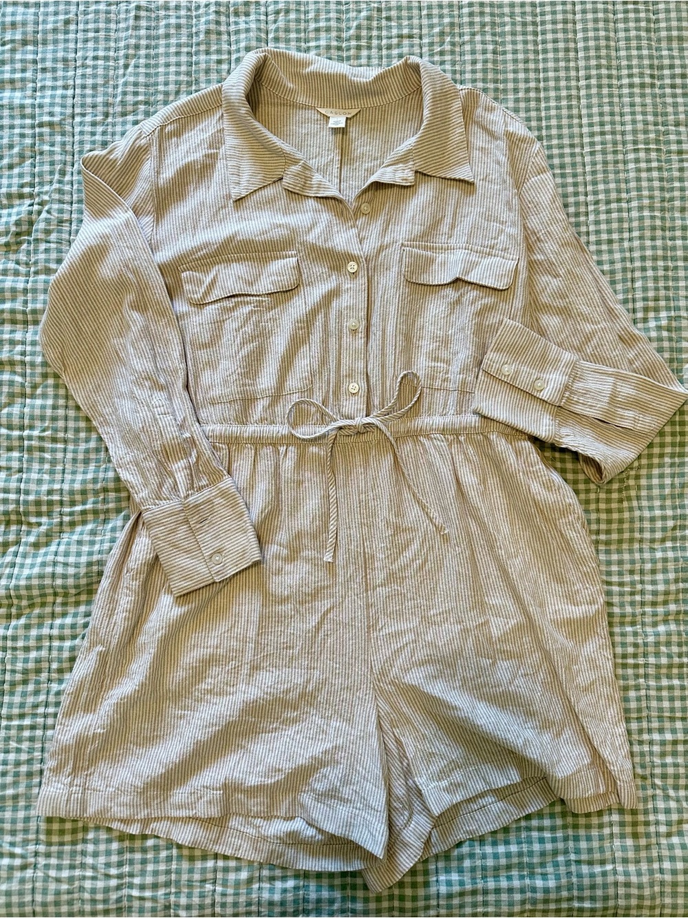 Nordstrom - Caslon Beige Striped Long-Sleeve One-Piece Romper